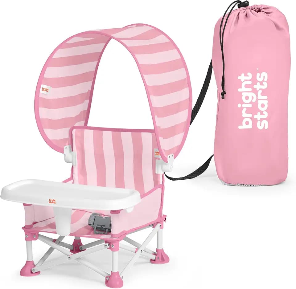 Bright Starts Pop 'N Sit Cabana Baby Beach Portable Booster Chair with UPF Canopy, Floor Seat for Indoor/Outdoor Use, Compact Fold, Pink, 6 Months–3 Years