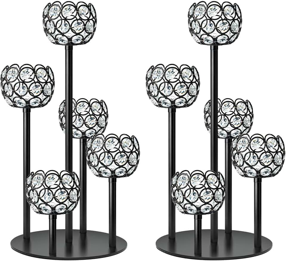 5-Arm Crystal Tealight Candelabra Centerpiece, 14.8 Inch Metal Candle Holder for Table Decor, Wedding, Christmas, Party, Anniversary & Home Decoration (2, Black, S-14.8 in)