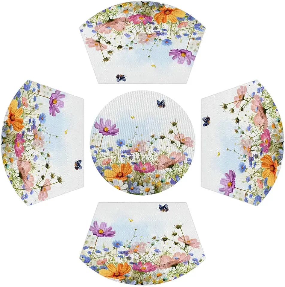 PVC Wedge Placemats, Summer Flowers Butterfly Set of 4 with Round Centerpiece Mat for Table Non-Slip Heat-Resistant Easy to Clean Wipeable Washable Dinner Table Mats for Indoor Kitchen Dining Decor