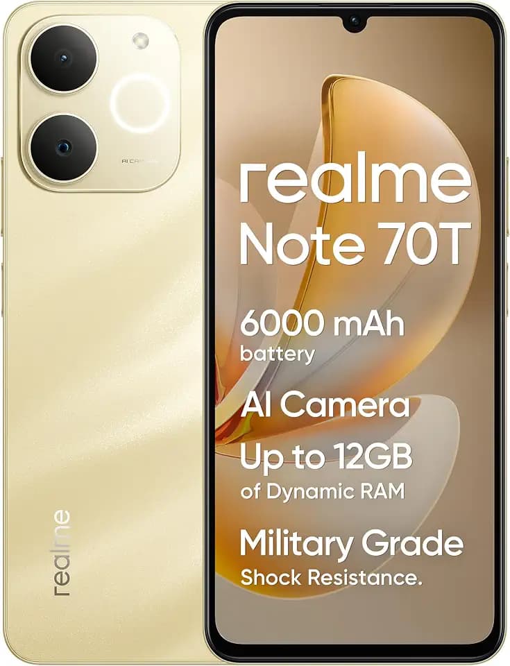 realme Note 70T 4G Smartphone, 4+64GB, 6000mAh Massive Battery, 7.94 mm Ultra Slim, T7250 Octa-Core Chipset, Up to 4+8GB Dynamic RAM, Next AI, Charger not Included, Gold