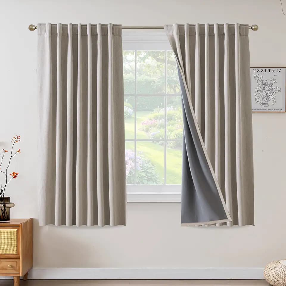 PrinceDeco 100% Blackout Faux Linen Curtains for Bedroom 52x63 Inch,Natural