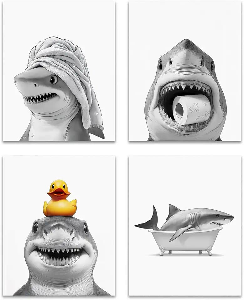 OFJE Funny Shark Bathroom Wall Art Decor Prints Set of 4, Wild Animal Shark Posters Pictures Wall Decor for Bathroom Washroom Restroom,shark gifts for women kids men, 8x10 Unframed