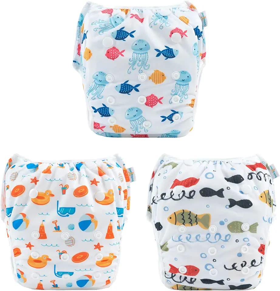 Babygoal Swim Diapers 3 Pack for 8M-3T Babies and Toddlers, Reusable Adjustable Washable for Baby Girl and Boy Swimming Lessons-Fish,Duck