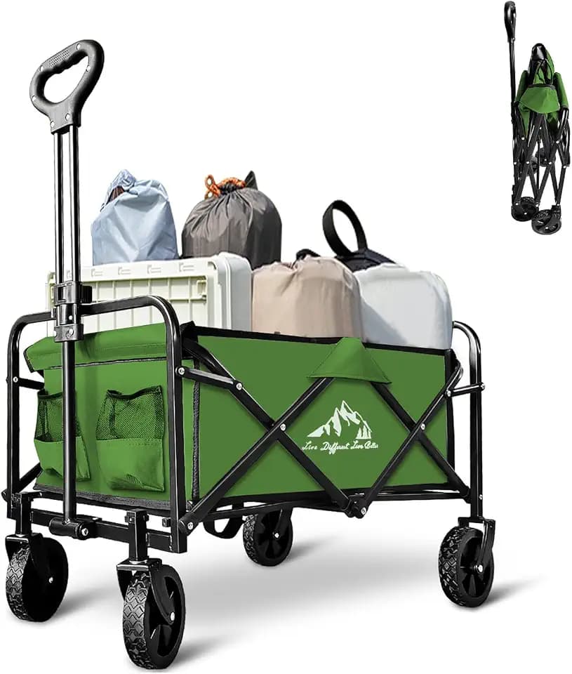 Collapsible Utility Cart Folding Wagon, 320lbs Capacity Lightweight Rolling Cart with Quiet Wheels, Quick-Fold Design for Camping, Shopping, Ourdoor Use, Green