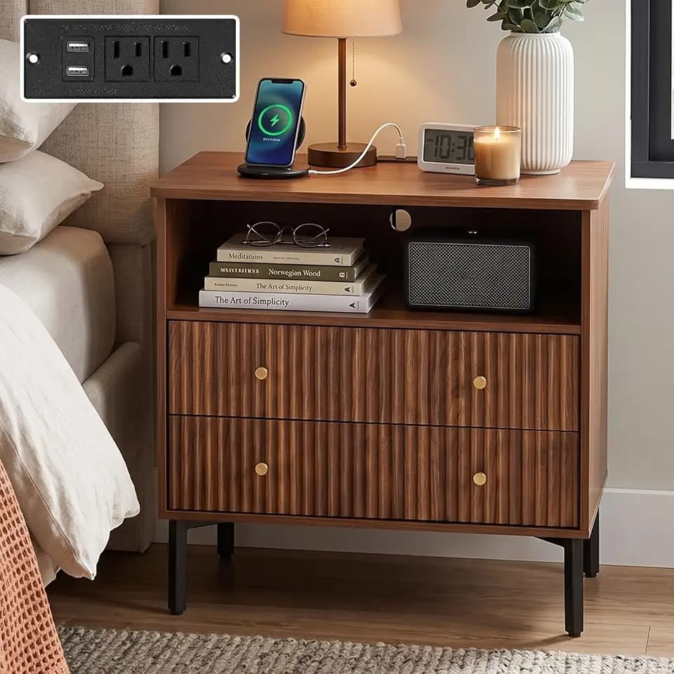 27" Fluted Walnut Nightstand with Charging Station, Wide Wood Bedside Table