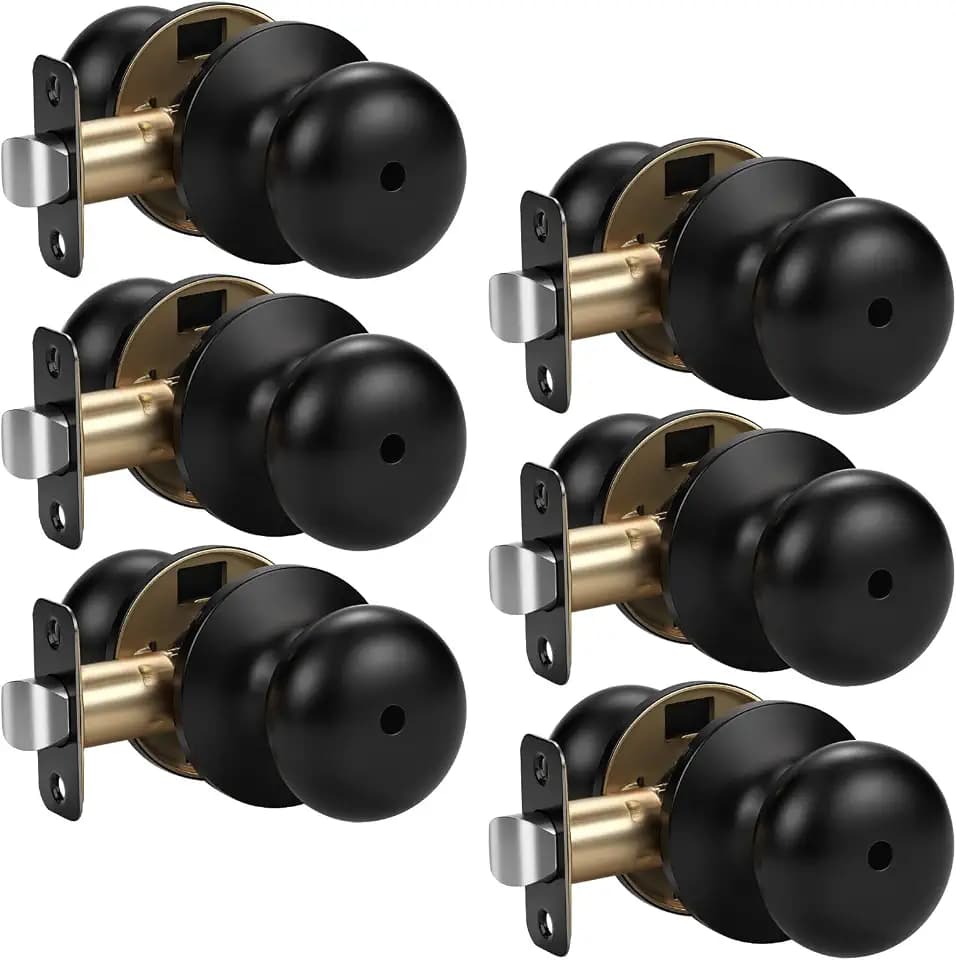 KNOBWELL 6 Pack Matte Black Privacy Door Knob for Bathroom Bedroom, Keyless Round Interior Door Knobs with Lock