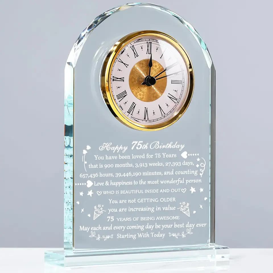Arikyrist Happy 75th Birthday Gifts for Women Men Happy 75th Birthday Decorations Crystal Quartz Clock Gifts Ideas for 75 Years Old Mom Dad Wife Husband Born in 1950
