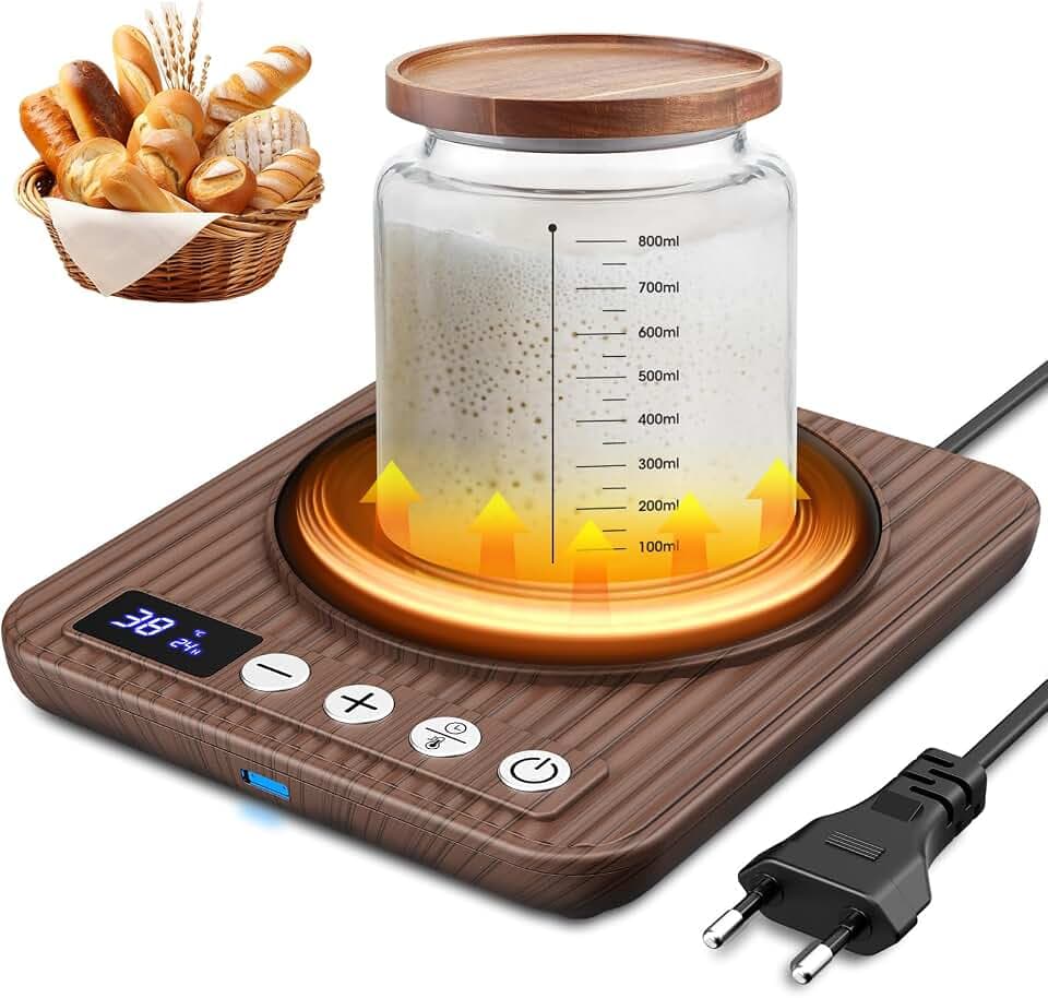 MQFORU Sauerteig Starter Warmer, Präzise 1°C Thermostatsteuerung (21-38°C) Sauerteig-Heizmatte, Wärmer für Sauerteigstarter, 0-24h Timer, Auto On/Off, Speicherfunktion (holzmaserter)
