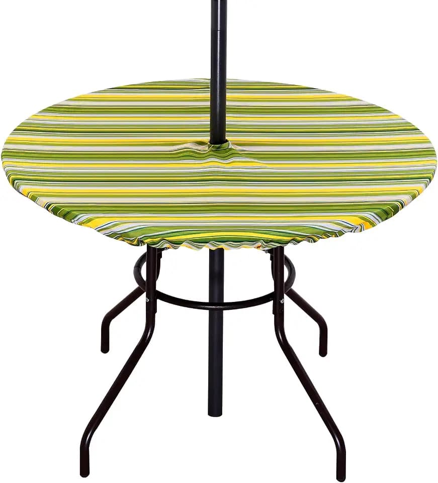 Poise3EHome Fitted Round Outdoor Tablecloth, Polyester SpillProof Green Stripe Table Cloth with Umbrella Hole Zipper Elastic for Patio Garden Poolside Picnic Fits to 40"-46" Patio Table