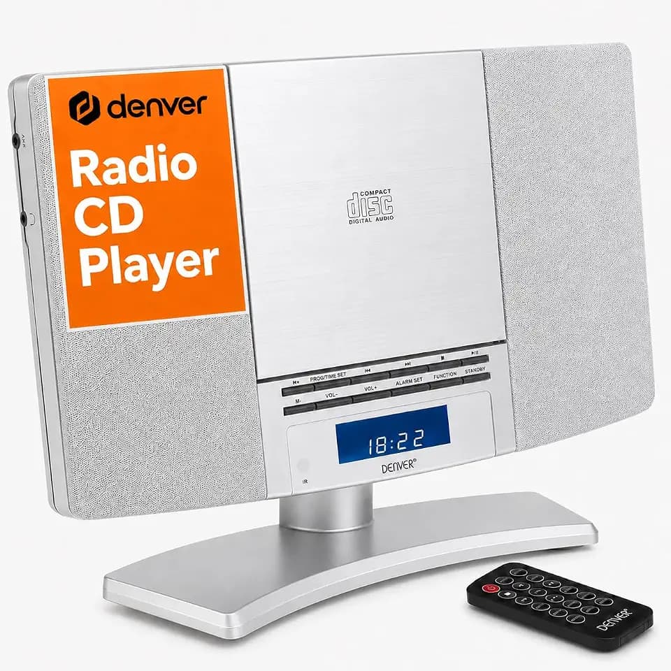 Denver CD-Player für Heim-HiFi-Anlage - mit Lautsprechern & Radio - Netzstrom, vertikal, Radiowecker, Fernbedienung, Wandmontage oder Desktop-Ständer - MC-5220