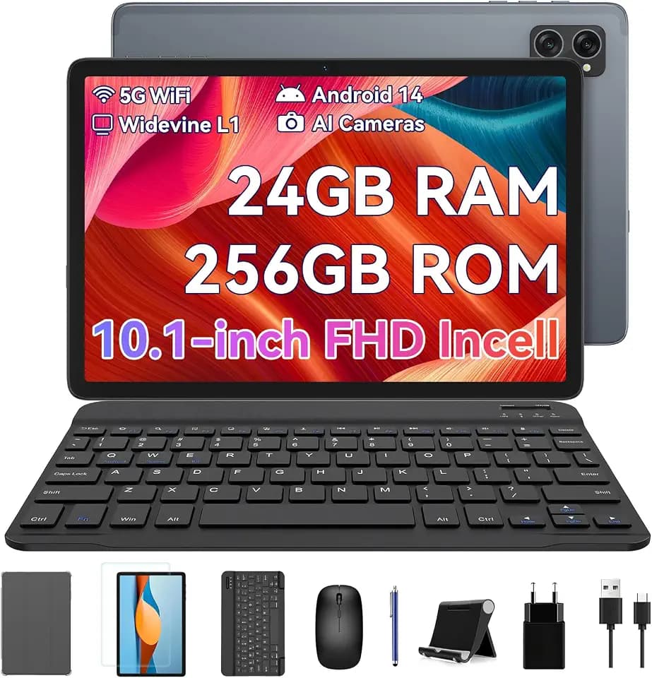 BESTTAB Android 14 Tablet 10 Zoll,24(8+16) GB RAM+256GB ROM,Octa Core Tablet mit Tastaturen,Grau