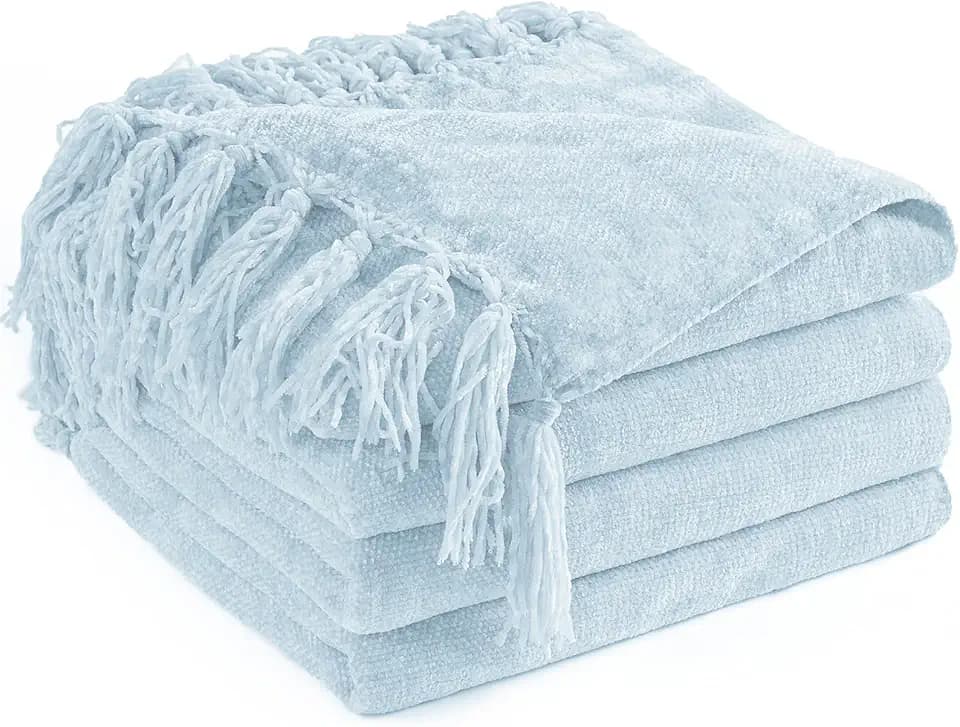 Chenille Throw Blanket for Couch 50" x 60", Light Blue