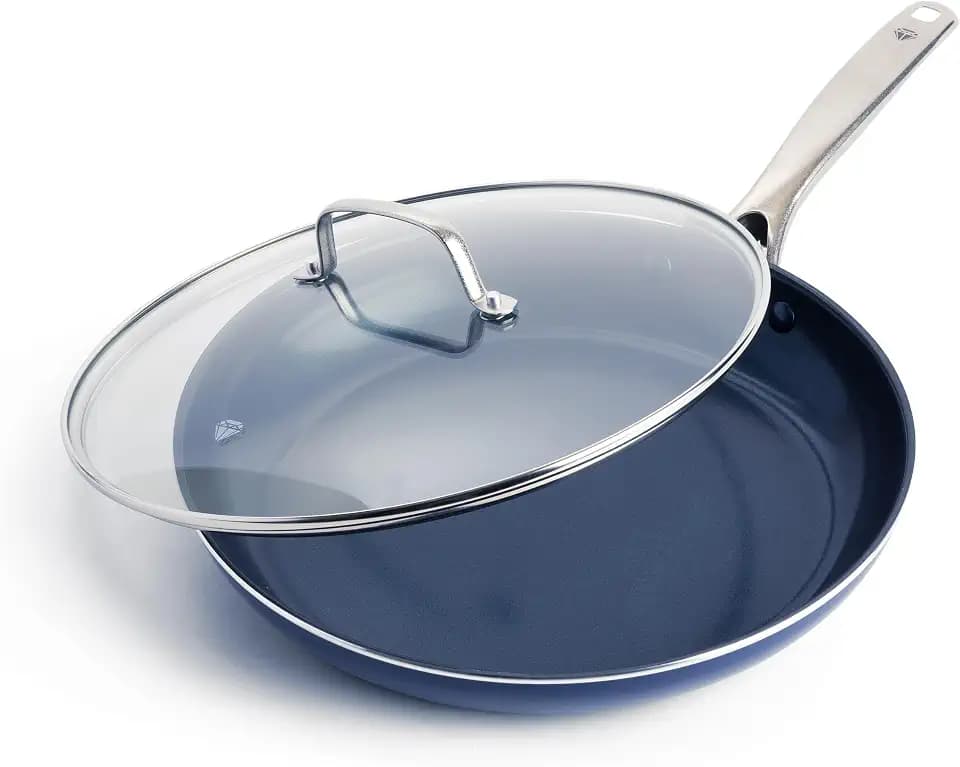 Blue Diamond 12" Diamond Ceramic Nonstick Frying Pan Skillet with Lid, Blue