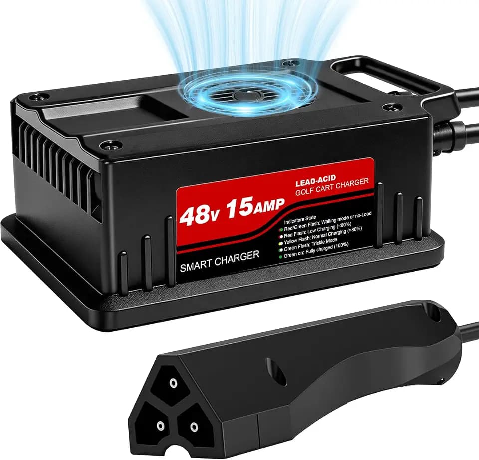 15 Amp 48 Volt Golf Cart Battery Charger for EZGO RXV and TXT Golf cart, 48V Golf Cart Charger with 3-Pin Triangular Plug, 48V EZGO Charger for Lead-Acid Battery, Waterproof with Fan Design