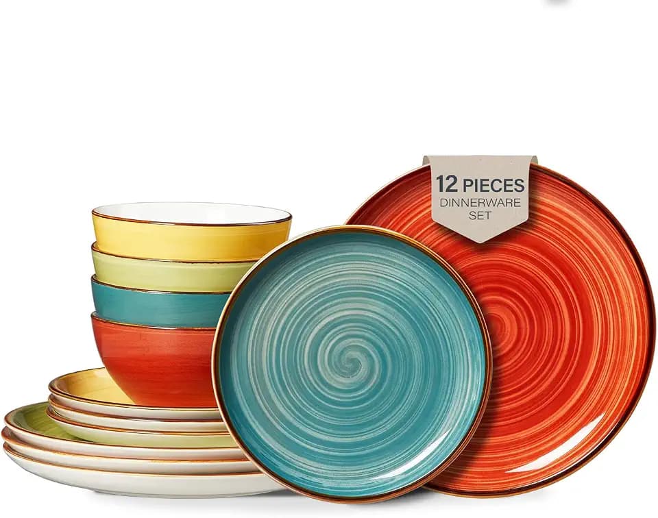 ONEMORE Plates and Bowls Set 12 Pcs,Stoneware Dinnerware Sets for 4 Microwavable,Oven & Dishwasher Safe Porcelain,Scratch Resistant Dishes Set