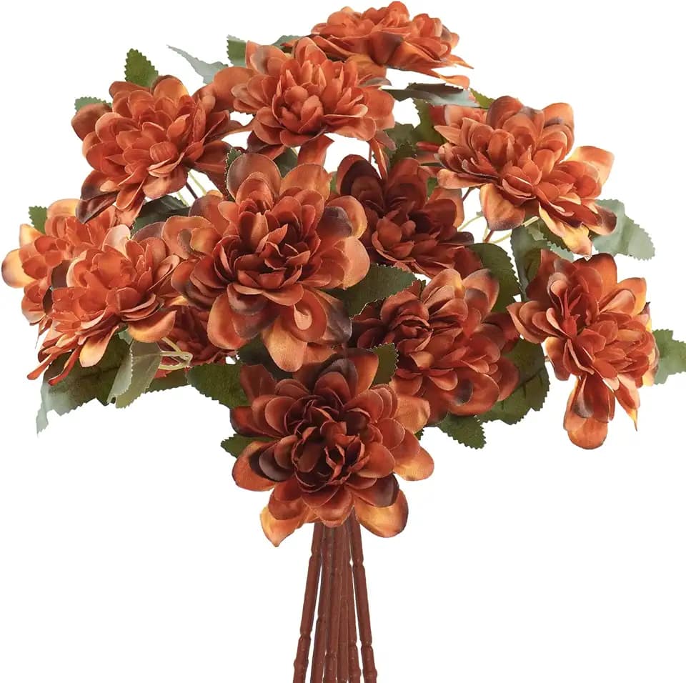 Uieke 12PCS Artificial Daisy Mums Flowers with Stem, Burnt Orange Silk Flowers Arrangement for Home Party Fall Wedding Bouquet Thanksgiving Table Centerpieces Decor (Vintage Terracotta)