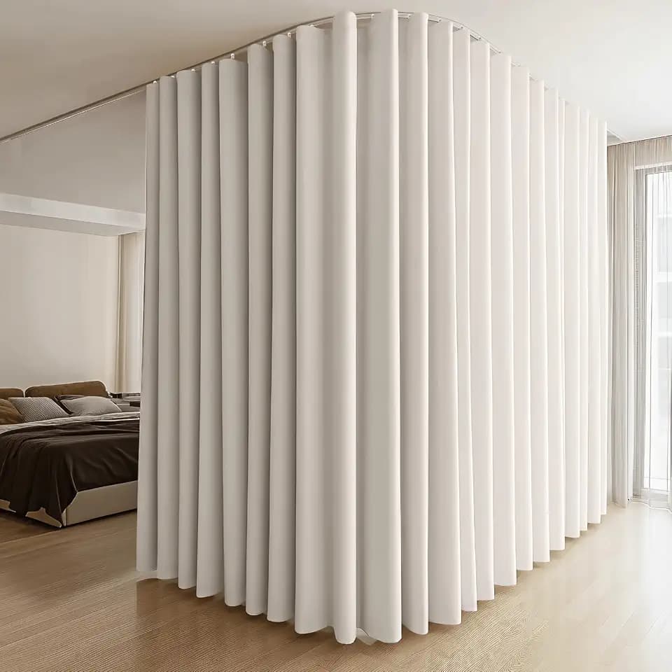 MaKefeile Room Divider Curtains & Flexible Bendable Tracks Set,Privacy Dividers Ceiling Track Curtain Window Blackout Curtain for Living Room Bedroom (W120 × H96 in 1 Panel Beige Drape & White Rail)