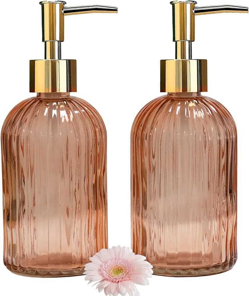 YYTSGG Glass Soap Dispenser with Gold Plastic Pump, 13.5oz, Orange, 2 Pack