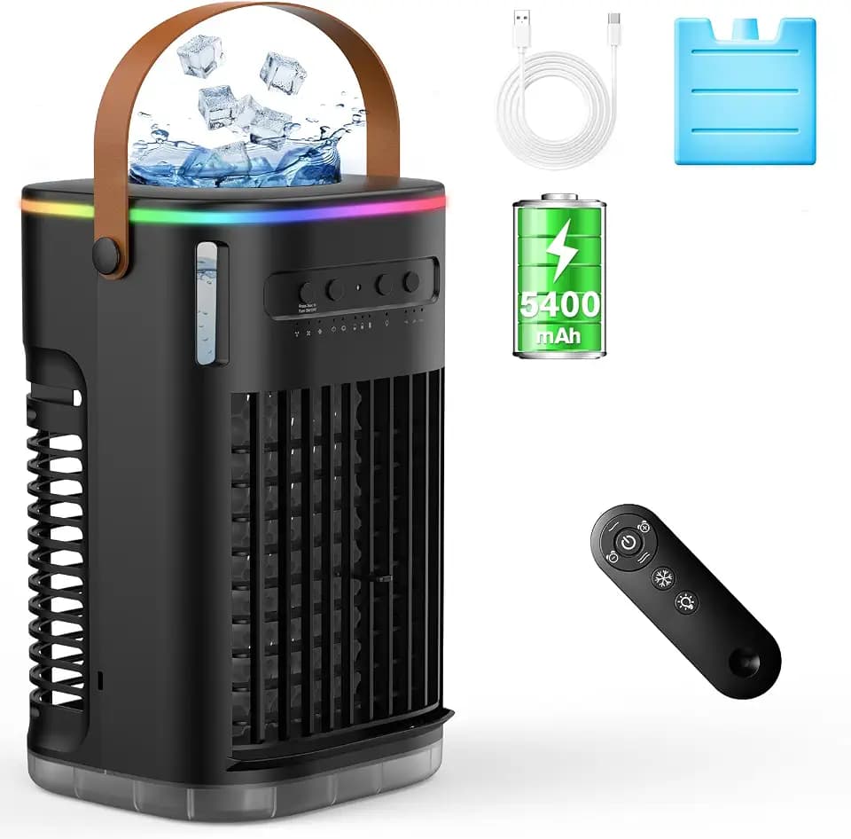 5 IN 1 Small Portable Air Conditioner, Evaporative Air Cooler with 3 Speeds, 2 Ice Packs, 5400mAh Built-In Battery