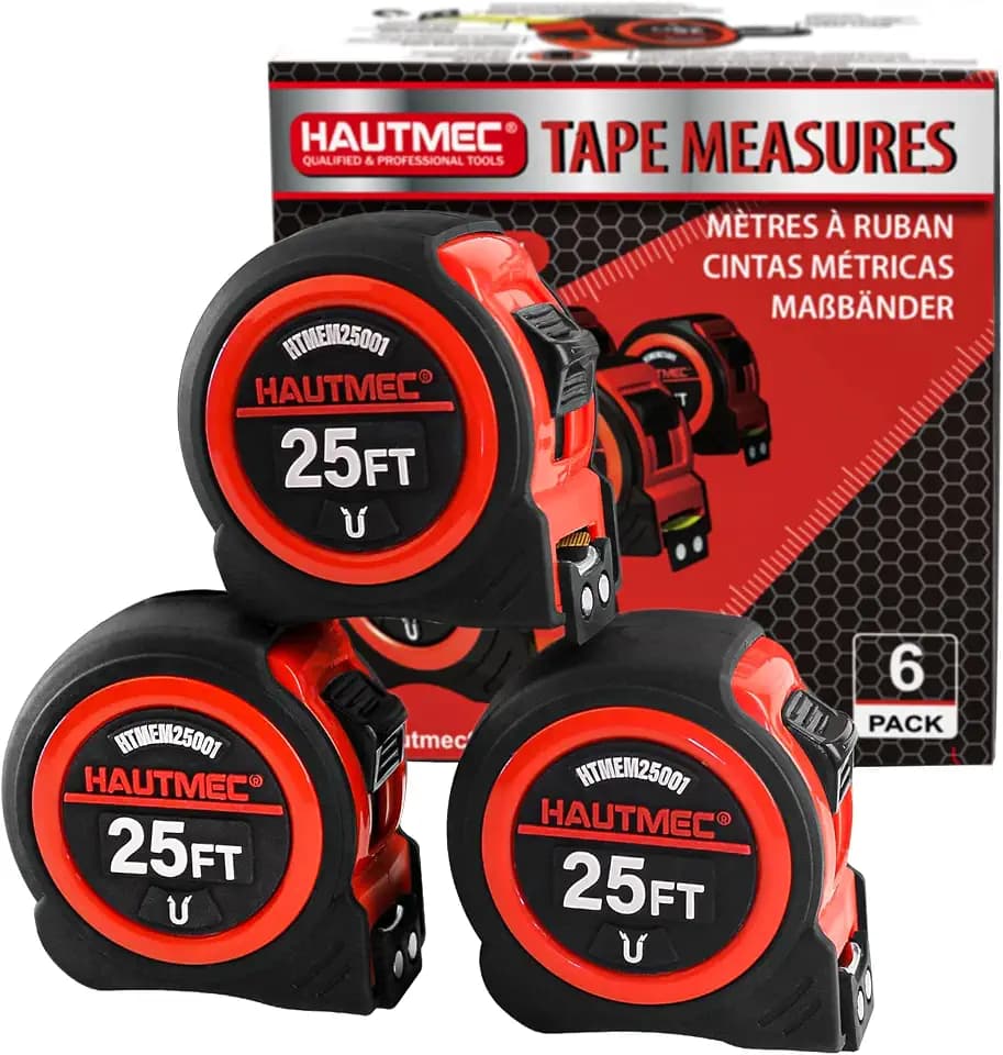 HAUTMEC 25 Ft Heavy Duty Tape Measure with Fractions & Magnetic Hook, 6-Pack Professional Retractable Measuring Tape for Construction, Carpentry, Contractors, Workshop & DIY 25001