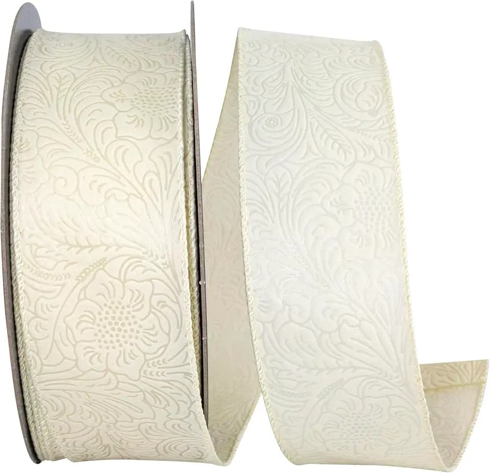 Ribbon - Leaf Scroll Embossed Wired Edge, Ivory, 2-1/2 Inch, 30 Yards