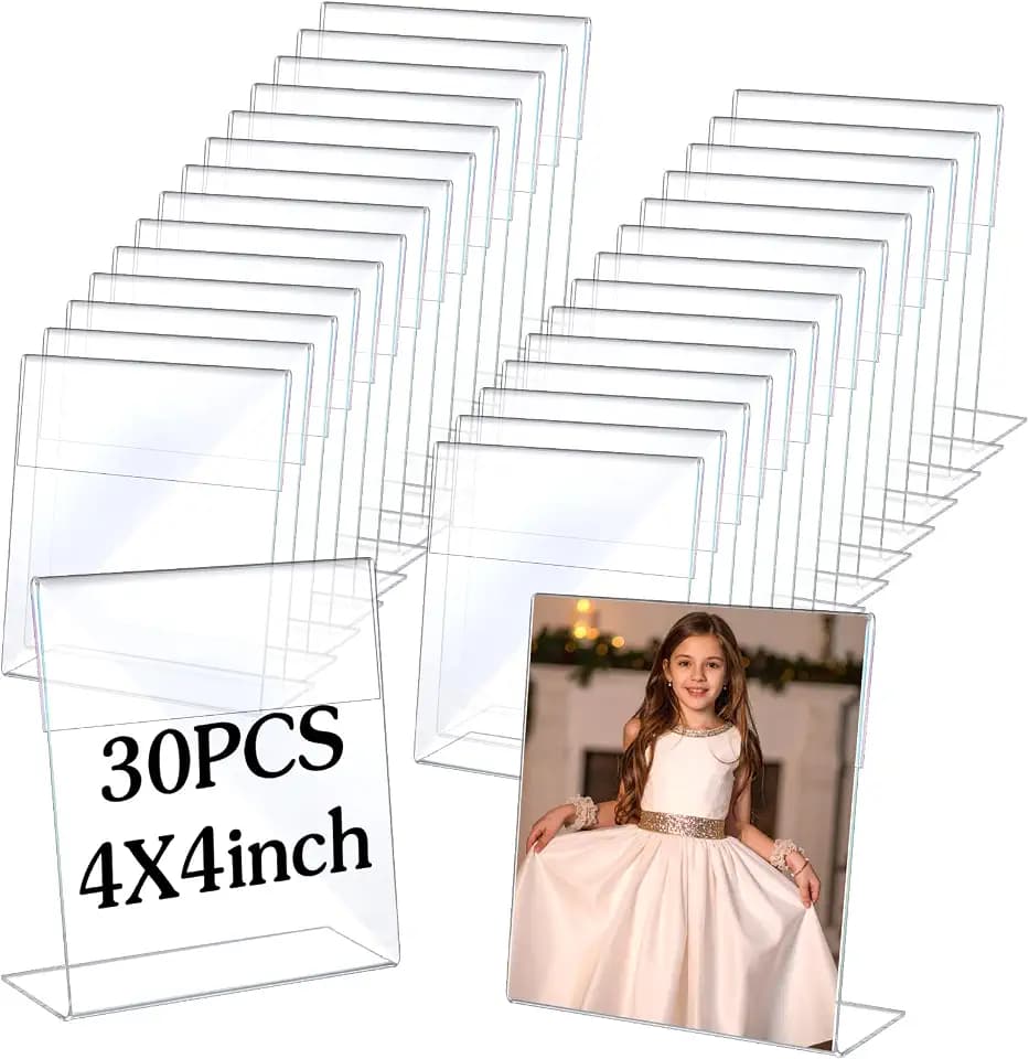30 Pcs Acrylic Photo Frames 4 x 4 Inch Clear Picture Frames Slant Back Plastic Booth L Shaped Photo Stand Horizontal Small Sign Holder Name Display Stand with Insert for Home Office