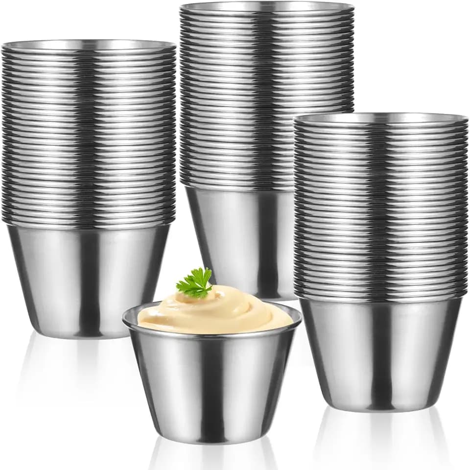 100Pcs Stainless Steel Dipping Sauce Cups, 2.5oz Metal ramekins,Reusable Metal Sauce Cups Stainless Steel Condiment Cups Small Dipping Bowls Round Individual Portion Cups for Home, Restaurant (100)