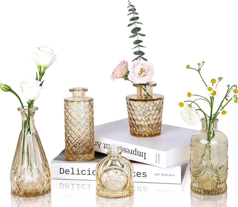 UPBUD Amber Gold Glass Bud Vases Set of 5, Small Vases for Flowers