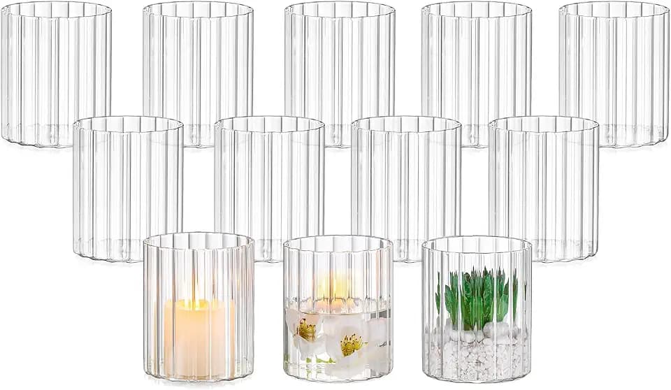Hewory Glass Hurricane Candle Holder Set of 12, Clear Glass Candle Holders for Pillar Candles Floating Candles, 4 inch Glass Cylinder Hurricane Vases for Centerpieces Wedding Christmas Home Decor