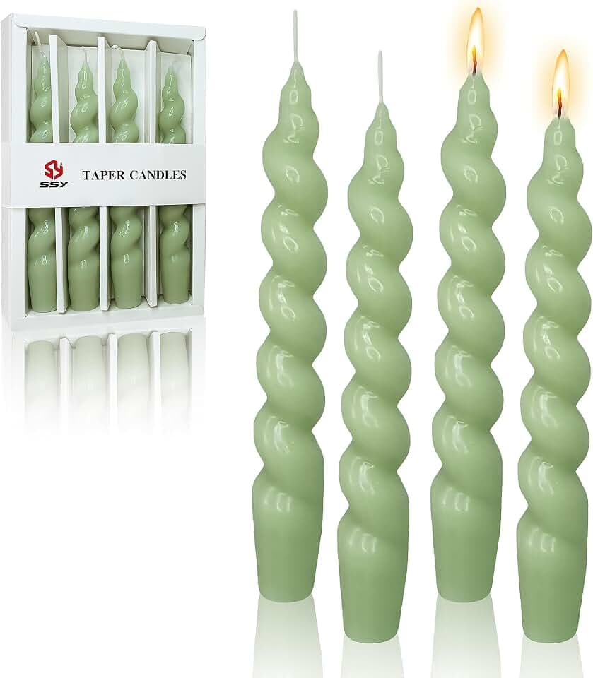 7.5 Inches Spiral Taper Candles Colorful Twisted Candle Dripless Long Candles, Handmade Candlesticks for Wedding Dinner Decor, Set of 4(Green)