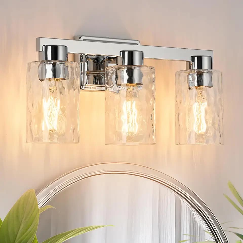 3-Light Bathroom Light Fixtures with Water Ripple Glass, Chrome