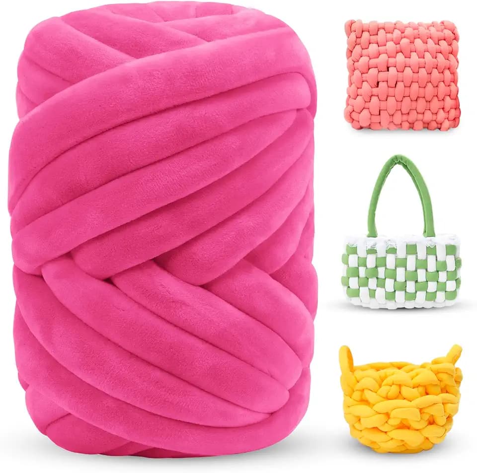 Thick Chunky Yarn for Arm Knitting, Jumbo Tube Knit Blanket Soft Velvet Yarn for Crocheting Handbags, Hand Knitting, Pet Bed, Rugs, Pillows, Crafts (Rose Red, 1.1lbs)