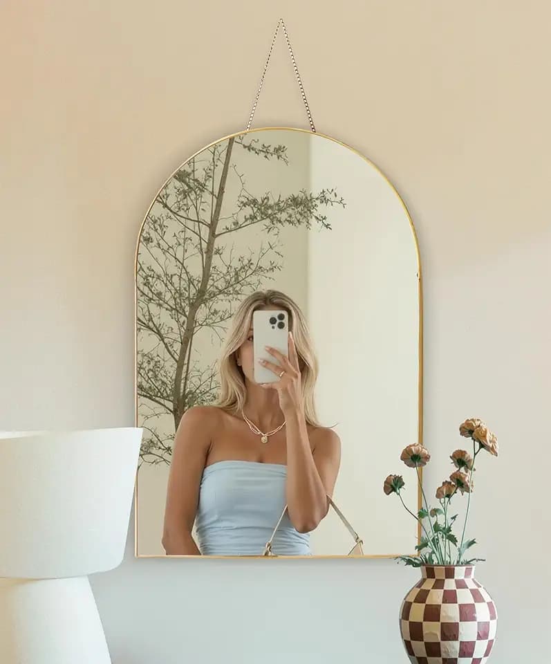 Gold Arched Wall Mirror 13”x19” – Small Vintage Hanging Mirror with Chain