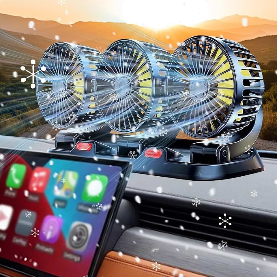 Lotvic Auto Ventilator, 12V Drei Köpfe Autolüfter mit 2 Geschwindigkeiten, 180° Oszillation & 360° Drehbar, Tragbare Auto Kfz Lüfter für Lkw, Van, Suv, Rv