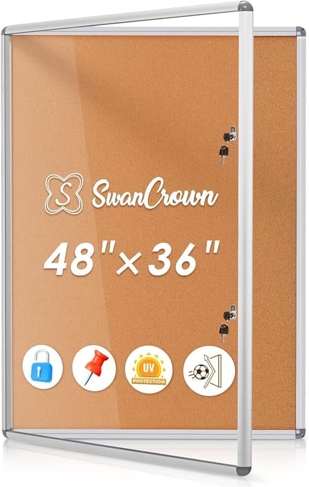 SWANCROWN 48x36 in Enclosed Bulletin Board, Locking Display Case 16xA4