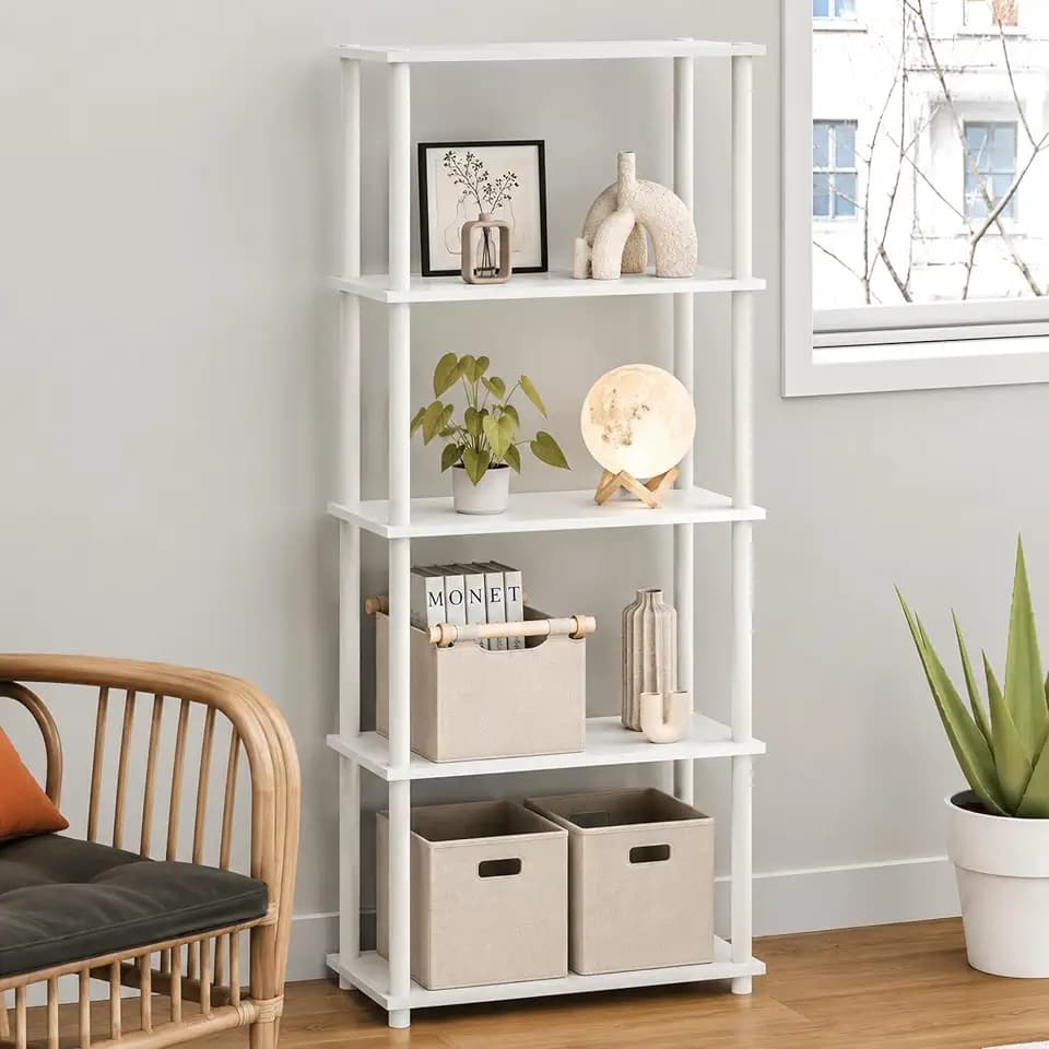 Furinno Turn-N-Tube Toolless Assembly 5-Tier Storage Shelves, Book Shelf, Open Storage Bookshelf, for Organization and Storage, Living Room, Home Office, Bedroom, Plain White