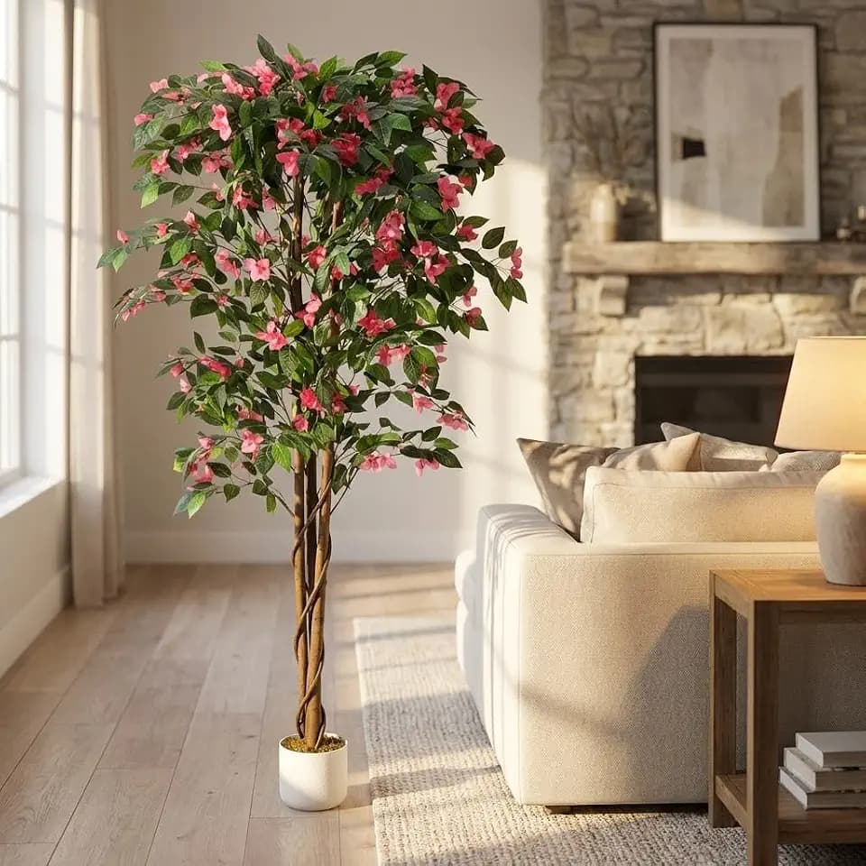 OUTLANE 6FT Artificial Bougainvillea Tree in Pot, Premium Polyester Faux Plant, Tall Flowering Fake Tree for Indoor Outdoor Decor, Front Porch, Patio, Sunroom & Living Room Corner