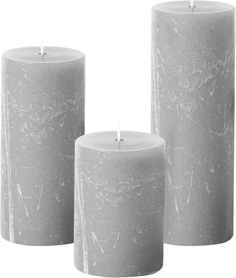 Simply Soson Grey Pillar Candles Set of 3, 3 Sizes, Unscented Rustic