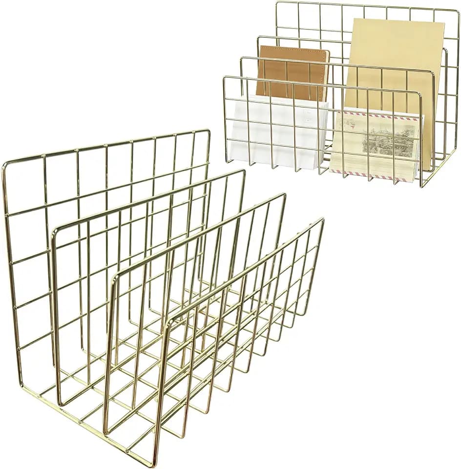 2PCS Mail Organizer for Desk, Metal Letter Holder Countertop with 3-Slot, 24 x 12 x 15.8cm, for Bill, Mail Sorter, Postcards, Brochures, Envelopes, Paperwork, Office, Home, School(Gold)