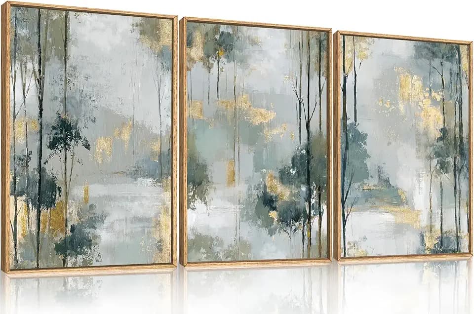 HPNIUB Abstract Forest Framed Canvas Wall Art Set, Minimalist Splash Ink Gold Green Pastel Watercolor Trees Wall Decor,Illustration Neutral Art Painting for Living Room,Dining Room,Office -16"x24"x3