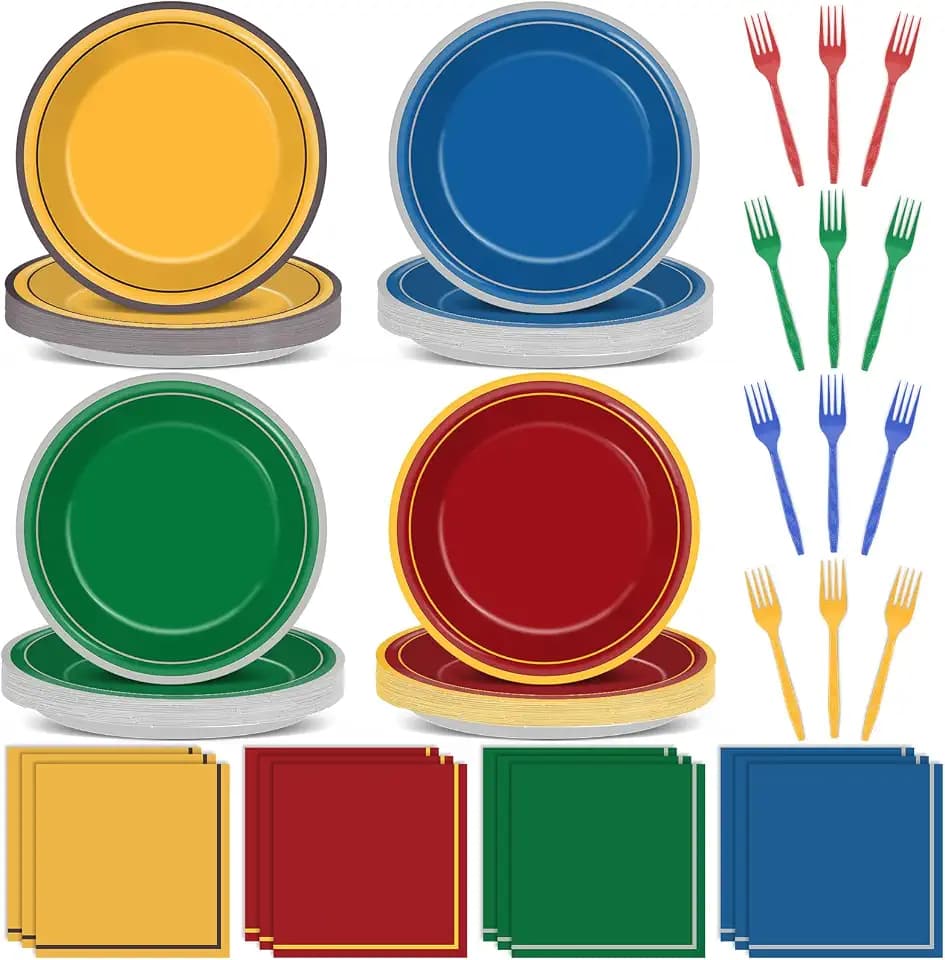 96Pcs Red Blue Green Yellow Party Plates and Napkins Set Birthday Supplies