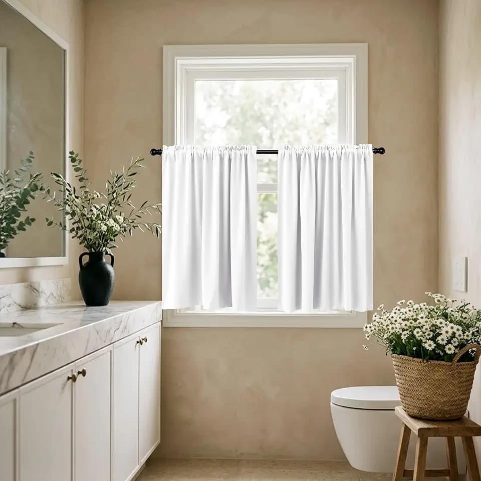 KOUFALL Small Window Curtains White Short 24 Inch Length Semi Blackout for Kitchen Bathroom Door Laundry Room