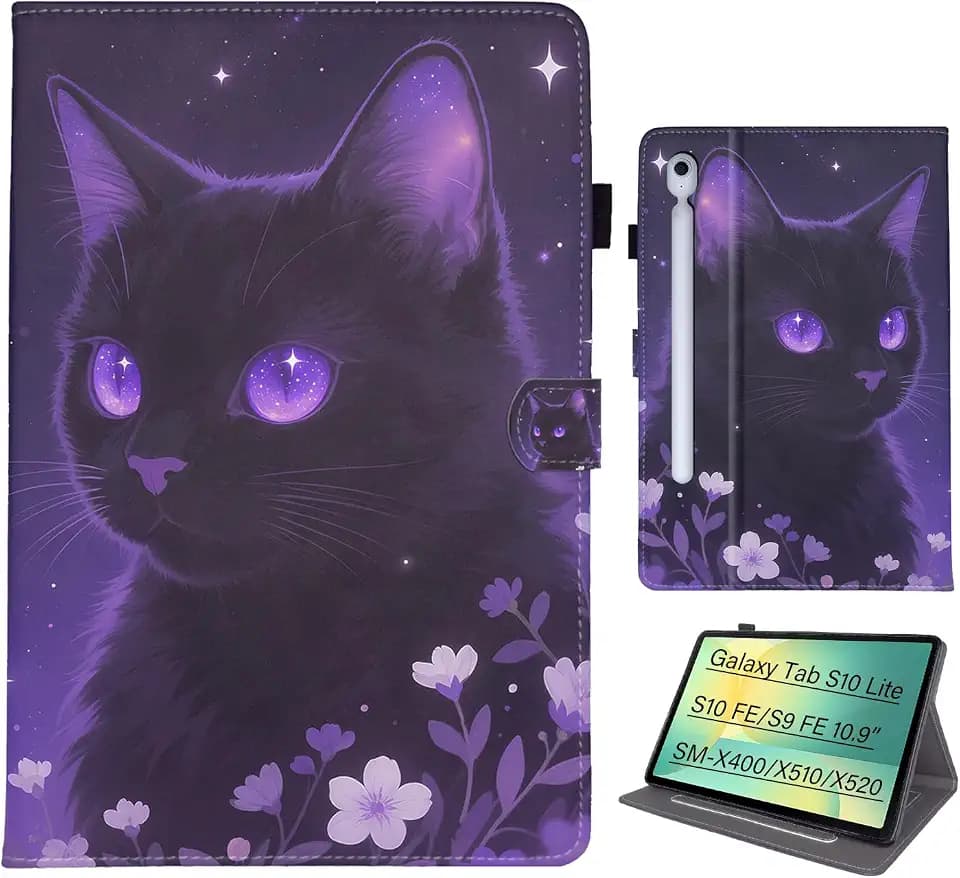 PU Tablet Hülle Kompatibel mit Samsung Galaxy Tab S10 Lite/S10 FE/S9 FE 10.9" SM-X510/X520, SchutzHülle Mit lebendigen Farben & Mustern, Auto-Wake/Sleep-Funktion, Traum-Katze
