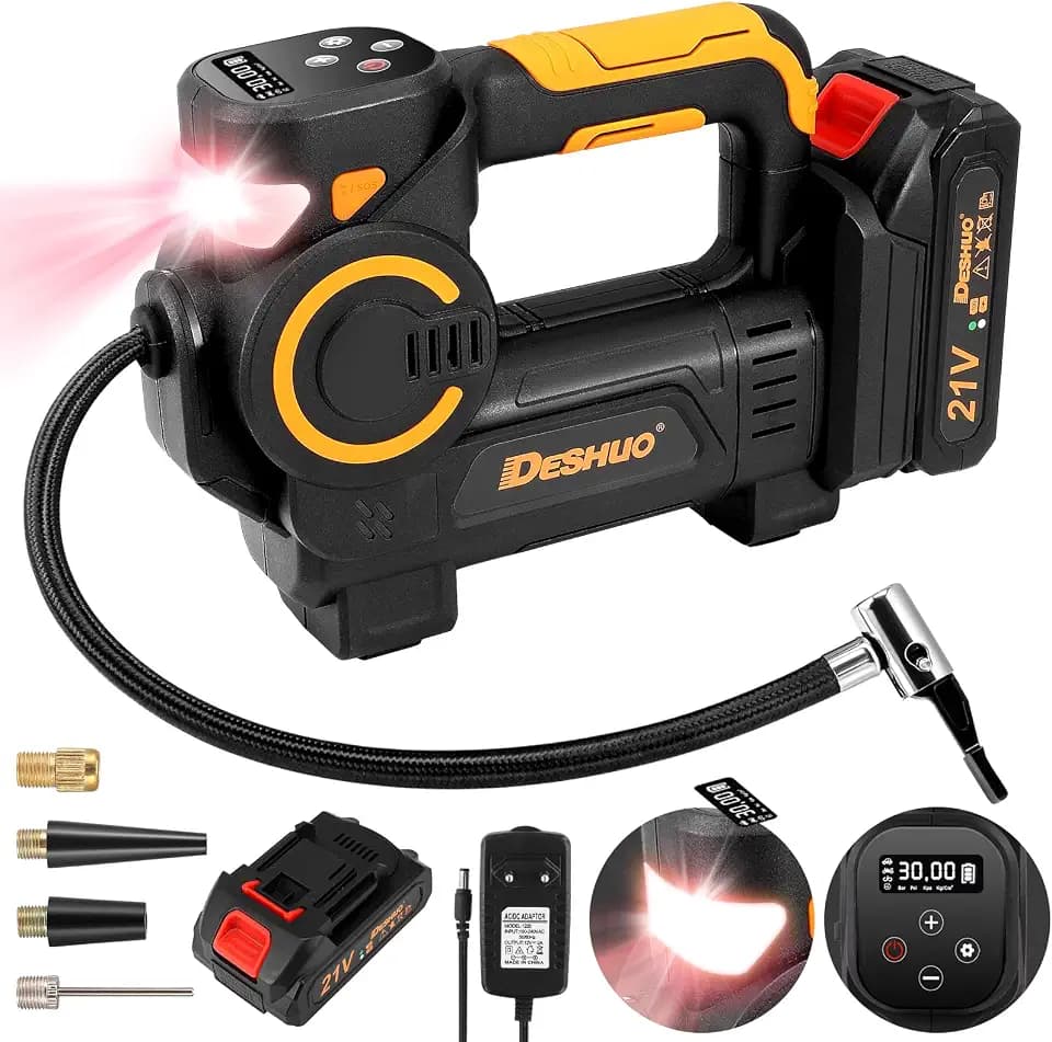 Tragbarer Luftkompressor mit 21 V Akku, kabelloser Reifenfüller 160 PSI Reifenfüller mit automatischer Abschaltung, LED, Ventil-Set für Autos, Fahrräder und Bälle