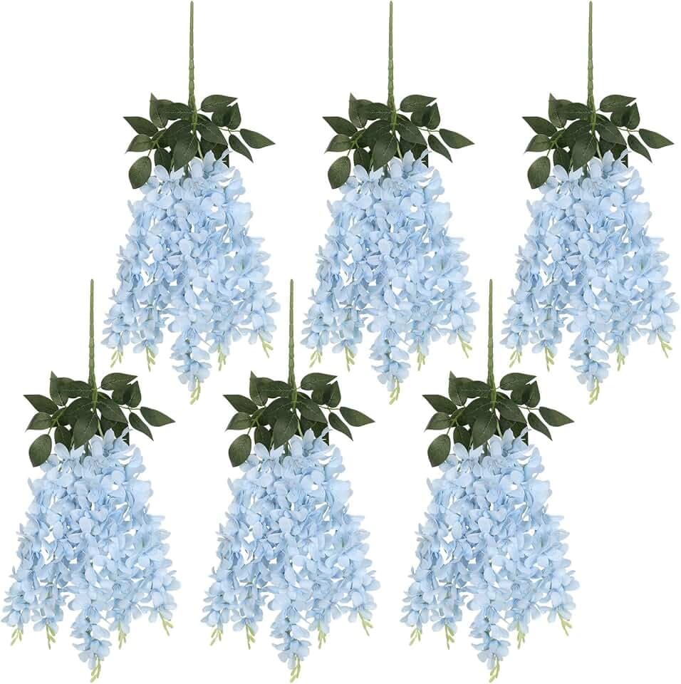 6PCS Artificial Wisteria Hanging Flowers Sky Blue Faux Silk Flowers