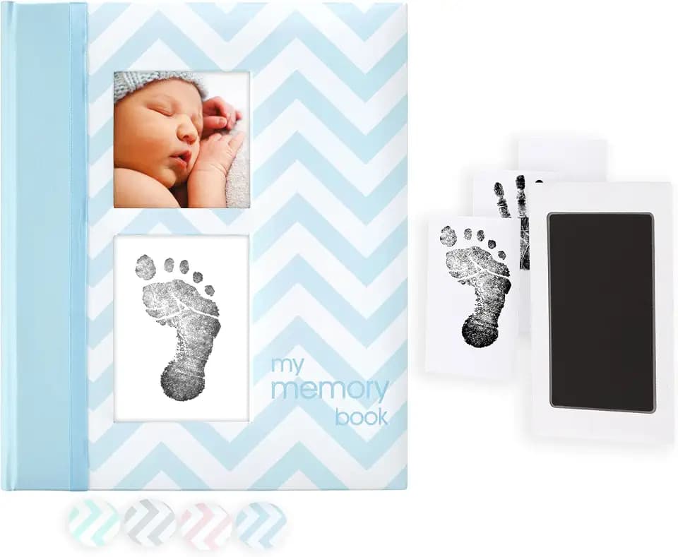 Pearhead First 5 Years Chevron Baby Memory Book and Ink Pad, Blue