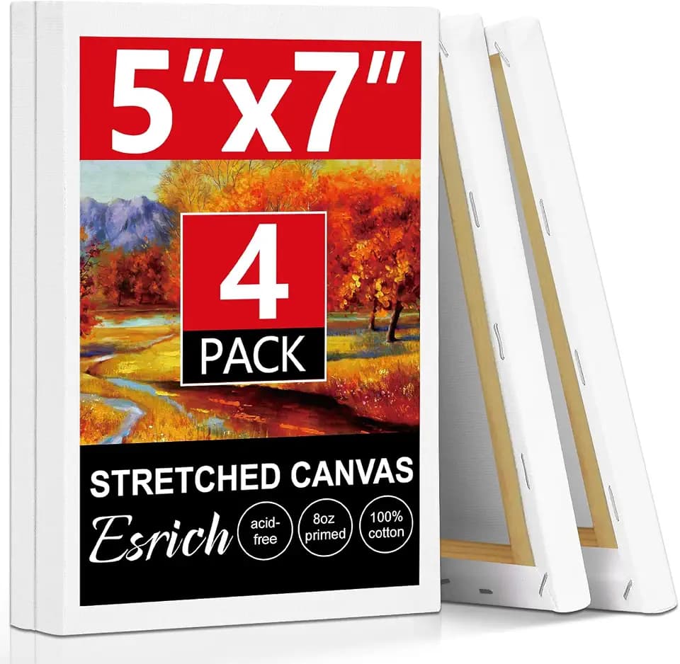 ESRICH Small Canvases for Painting 5x7, 4 Pack Stretched Canvases for Painting 5/8" Profile Primed Acid Free Painting Canvas for Kids for Oil Paint, Watercolor, Acrylic Paint, Gouache, Tempera.