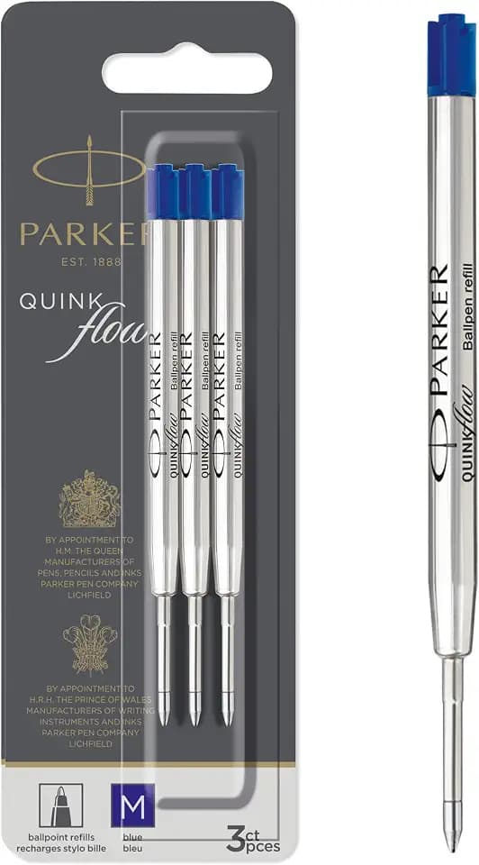 Parker QUINKflow Ballpoint Pen Ink Refills, Medium Tip, Blue, 3 Count