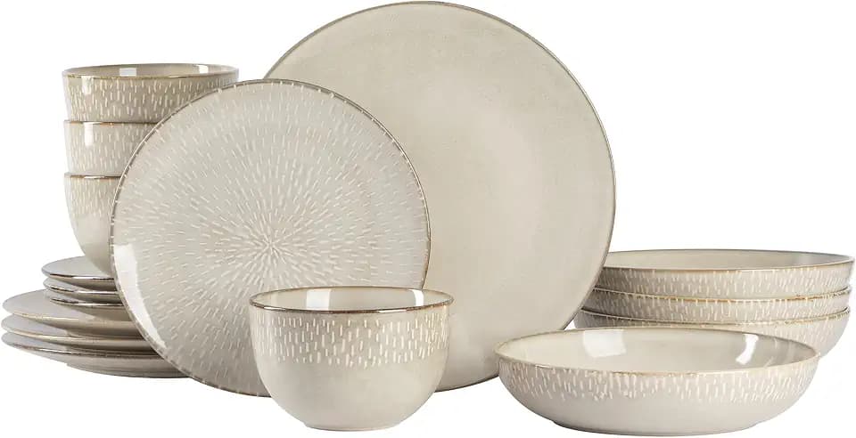 Gibson Elite Matisse 16-Piece Double Bowl Dinnerware Set – Service for 4, Taupe Stoneware Plates and Bowls