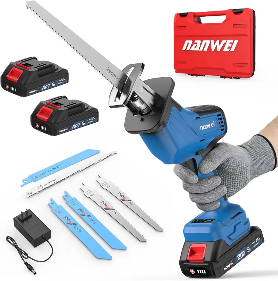 NANWEI Cordless Reciprocating Saw, 20V Brushless Motor 3500RPM Variable Speed, 2×2.0Ah Batteries, Tool-Free Blade Change, LED Light, 6 Blades, Portable for Wood/Metal/PVC Cutting (2.0Ah Batteries)